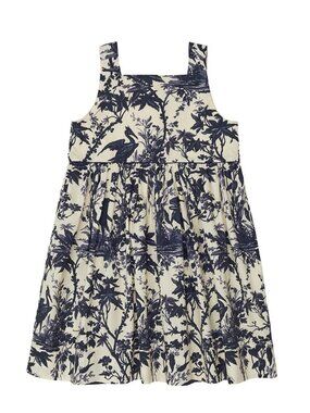 Cara Cara Girls' Stevie Dress 6Y Heron Navy Toile Bird Cotton Luxe Blue White